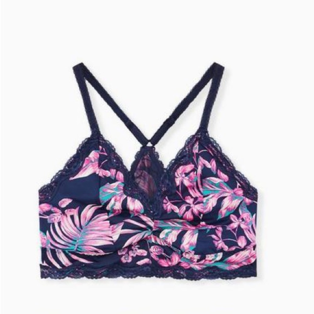 Torrid Curve Island Navy Floral Microfiber Lace Trim Bralette Size 2X